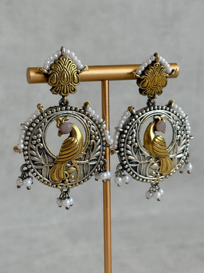 Ayura Designs Dilara Earrings – Oxidised Peacock Earrings with Pearl Detailing & Dual Tone Finish
