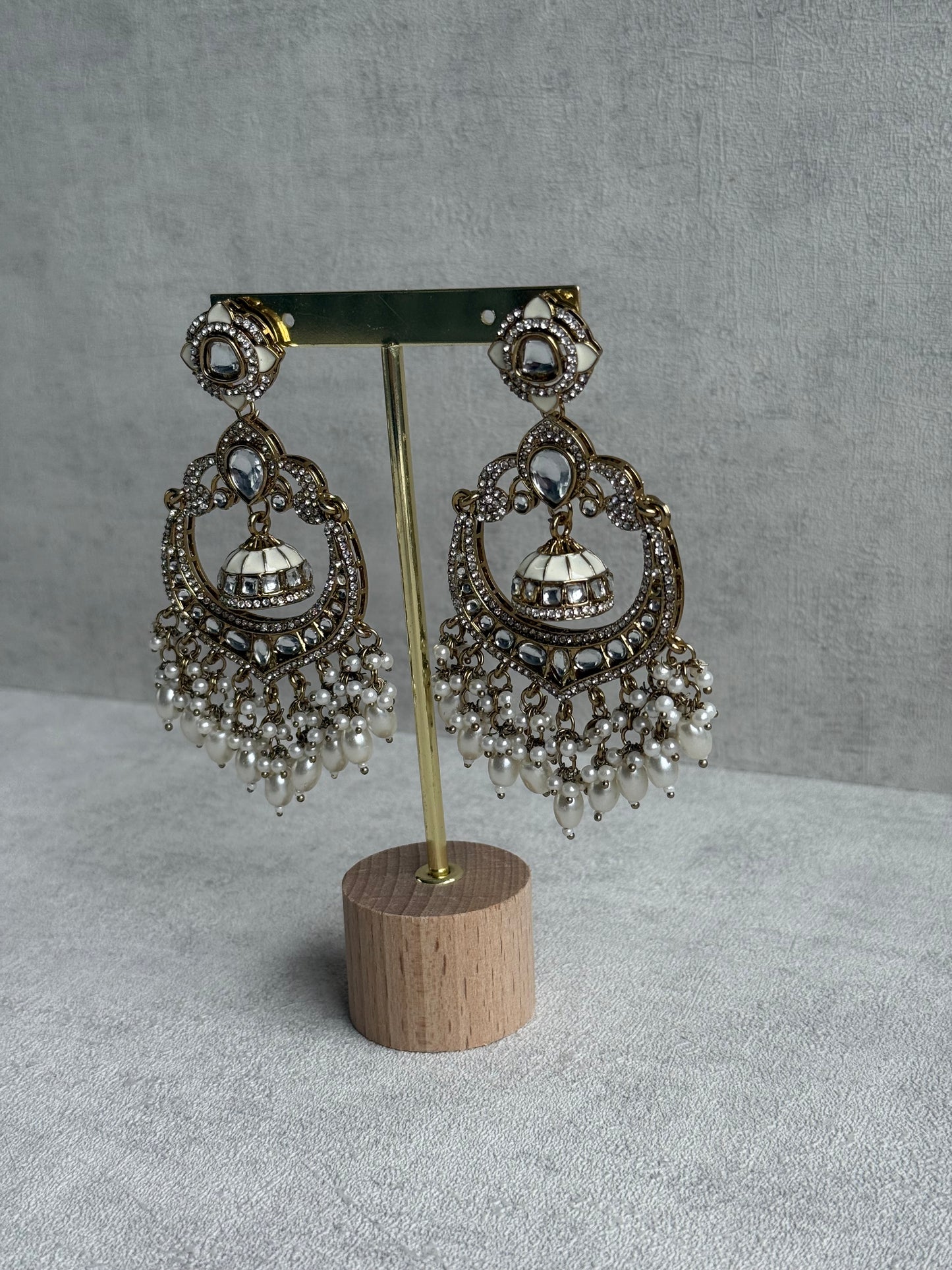 Ayura Designs Reha Earrings – Statement Chandbalis with Ivory Pearls & Mirror-Cut Stones