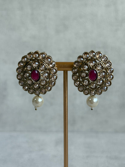 Ayura Designs Sania Set with Necklace, Earrings & Tikka – Ruby Red Stones, Kundan Detailing & Antique Gold Finish