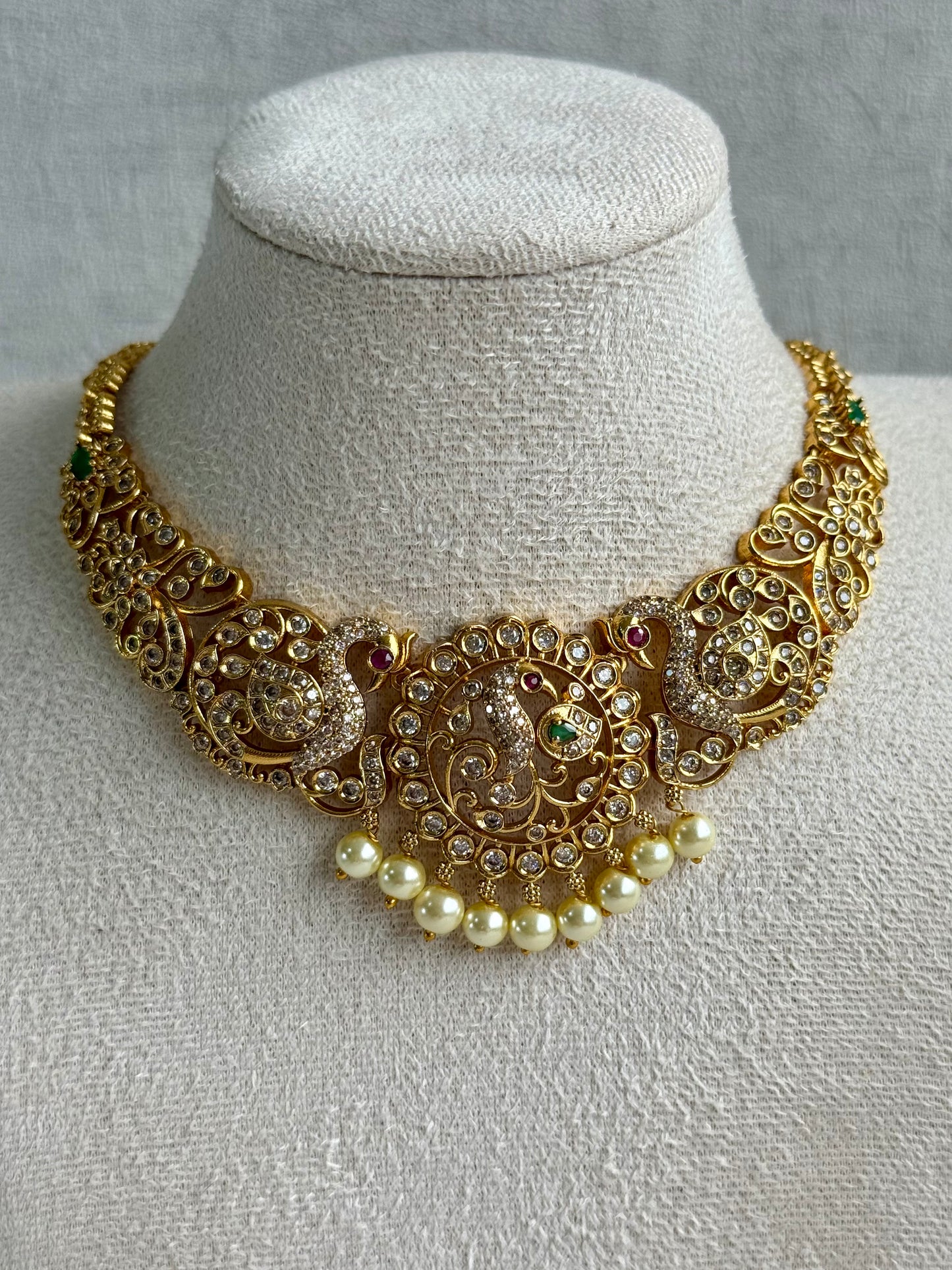 Ayura Designs Vedya Set – Antique Gold Peacock Necklace with Kundan, Emerald & Pearl Detailing