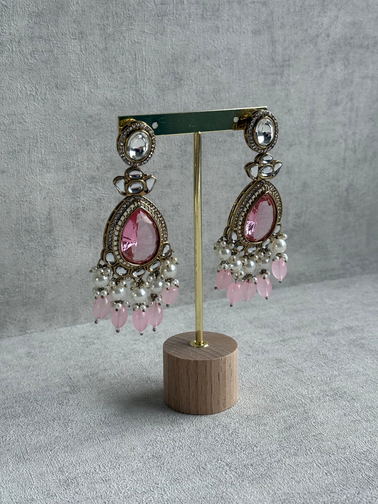 Ayura Designs Nageen Earrings – Antique Gold Jhumkis with Rose Pink Stones, Mirror-Cut Accents & Pearl Drops