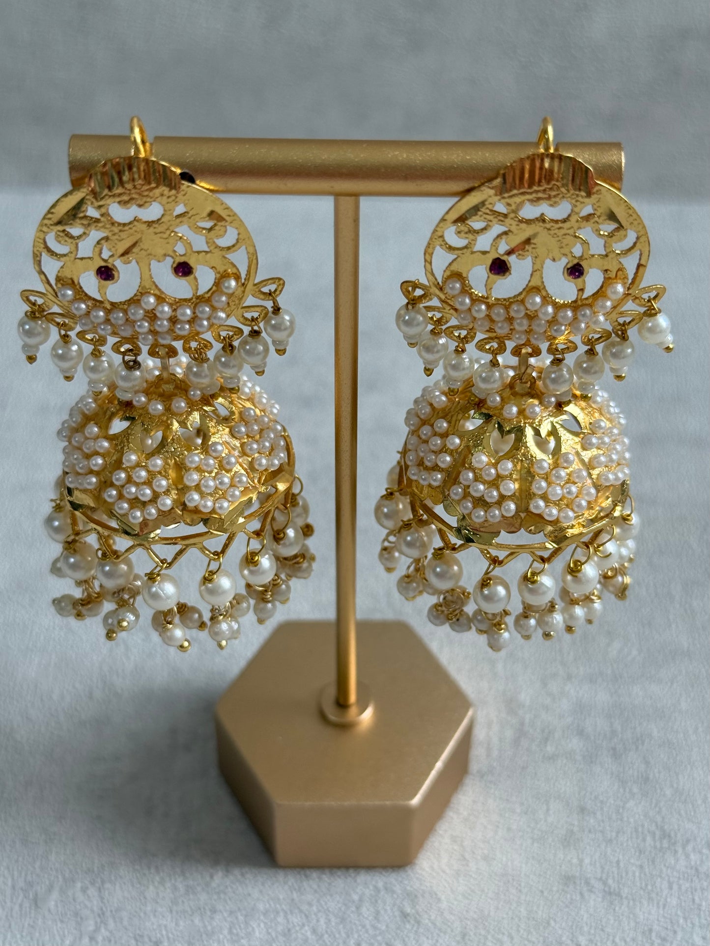 Ayura Designs Pannu Jhumkis – Pippal Patti Gold Jhumkis with Pearl Detailing