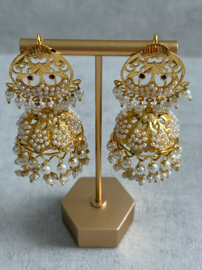 Ayura Designs Pannu Jhumkis – Pippal Patti Gold Jhumkis with Pearl Detailing