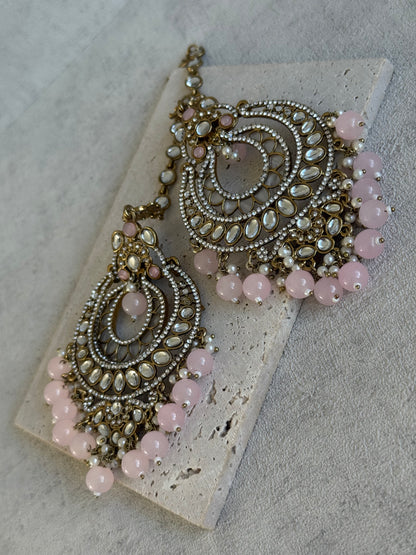 Ayura Designs Rabia Chandbalis – Antique Gold Kundan Earrings with Blush Pink Beads, Pearls & Attached Sahare