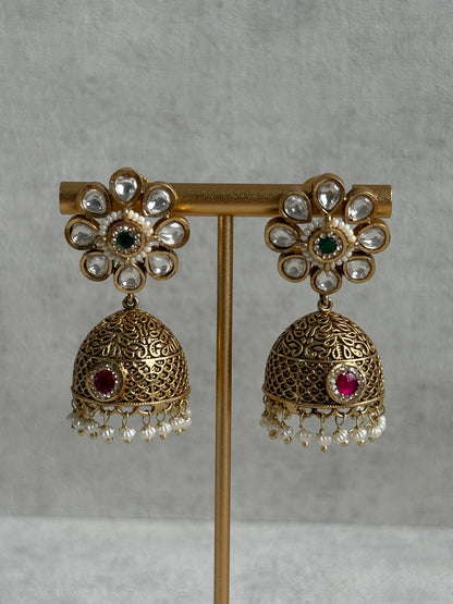 Ayura Designs Tanu Choker Set – Antique Gold Choker & Jhumkis with Ruby & Emerald Kundan and Pearl Borders