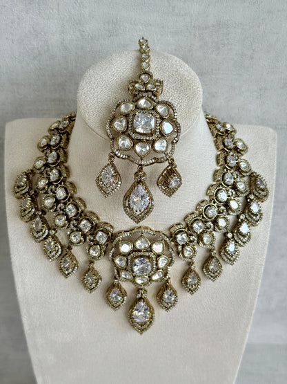 Ayura Designs Kiyah Bridal Set with Necklace, Earrings & Tikka – Moissanite Stones with Antique Gold Finish