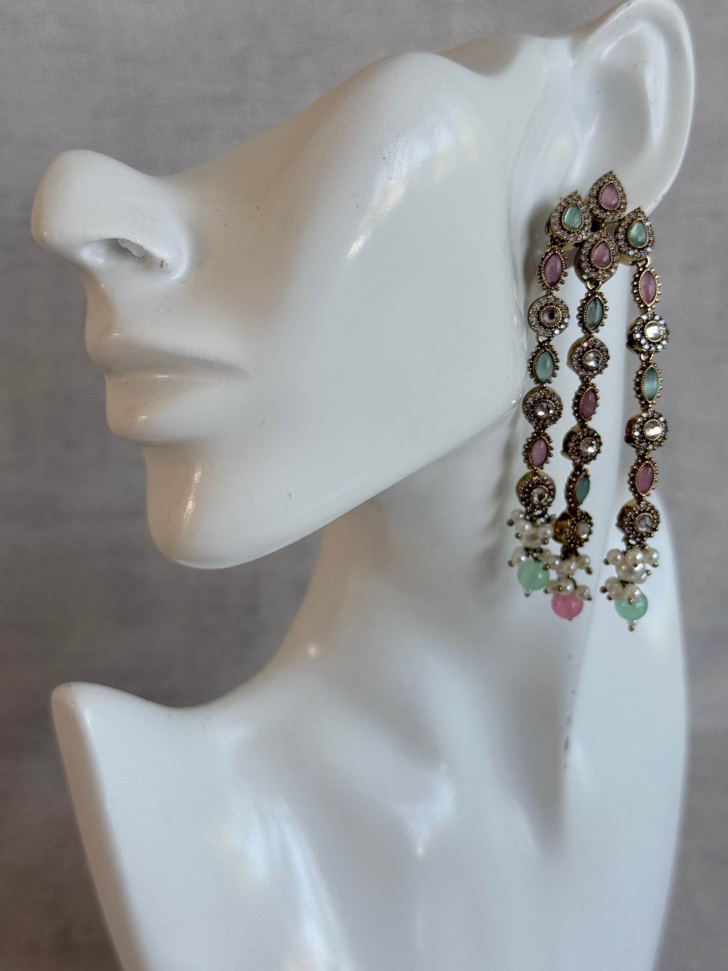 Ayura Designs Emilia Earrings – Gold Triple Strand Statement Earrings with Mint Green & Blush Pink Stones & Pearl Drops