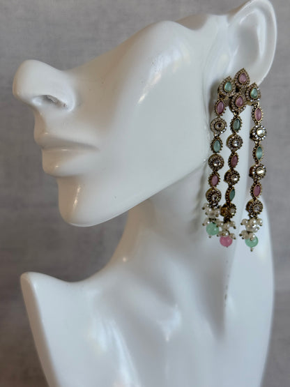 Ayura Designs Emilia Earrings – Gold Triple Strand Statement Earrings with Mint Green & Blush Pink Stones & Pearl Drops
