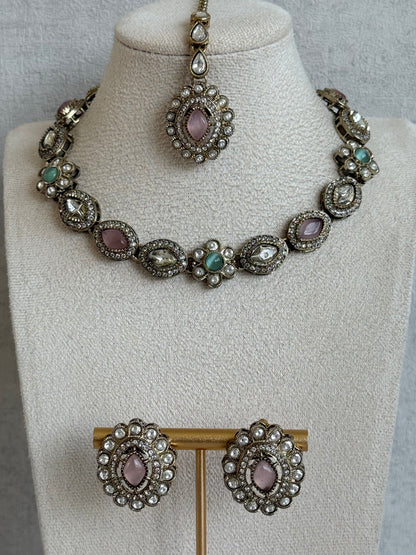 Ayura Designs Ivy Necklace Set with Studs & Tikka – Blush Pink & Mint Green Kundan Detailing