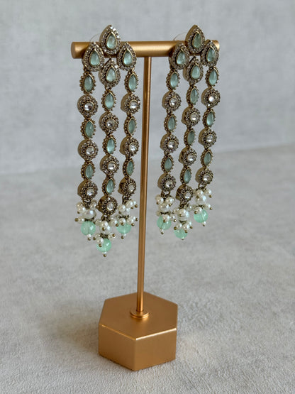 Ayura Designs Emilia Earrings – Gold Triple Strand Statement Earrings with Mint Green Stones & Pearl Drops