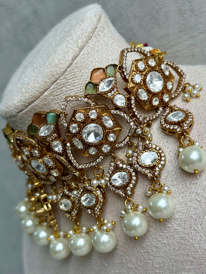Ayura Designs Serina Choker Set with Earrings – Peach & Pistachio Enamel, Mirror-Cut Stones & Pearl Drops