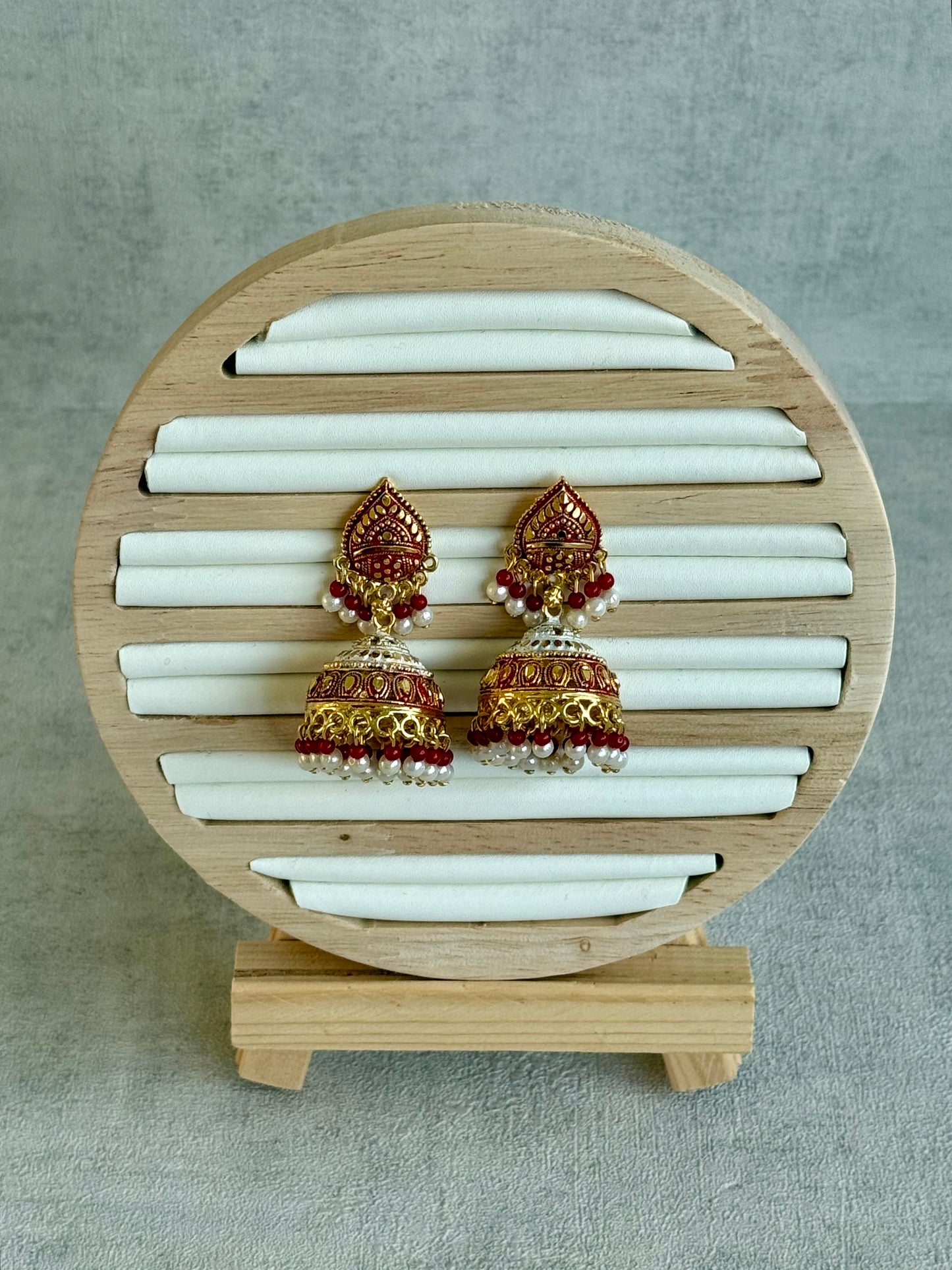Ayura Designs Jogan Jhumkis – Red & White Beads with Antique Gold Detailing