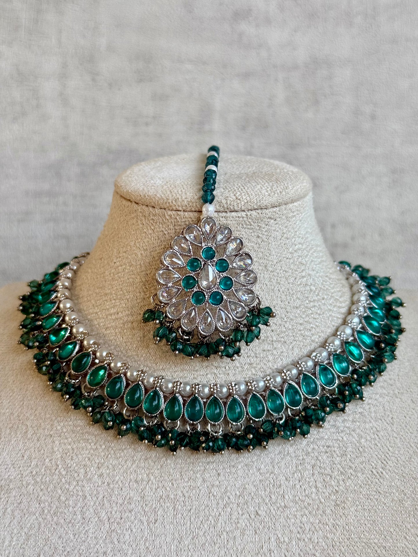 Ayura Designs Saima Set – Necklace, Jhumkis & Tikka in Peacock Green with Silver Finish