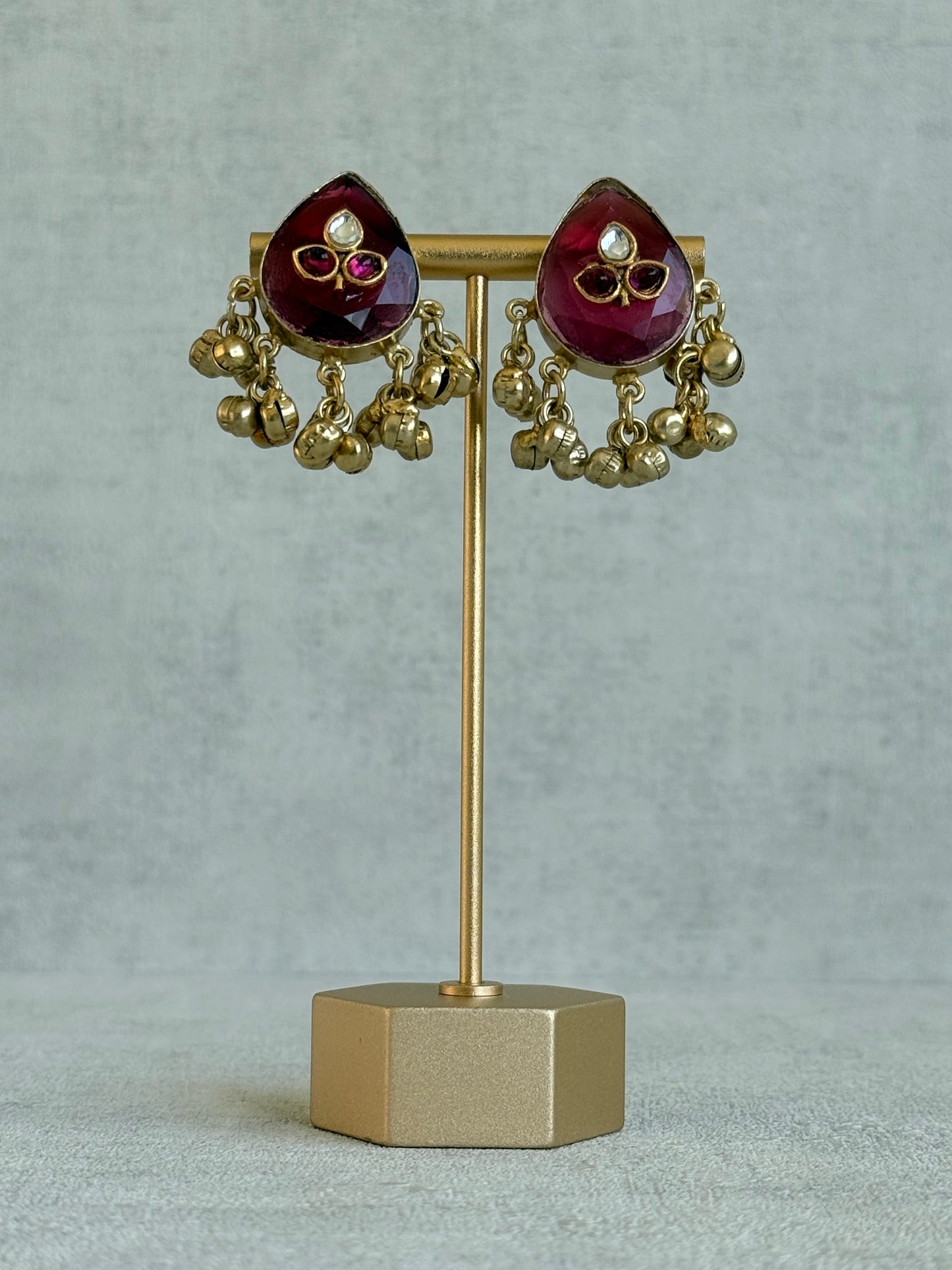 Ayura Designs Aykai Earrings – Ruby Pink Teardrop Stud Earrings with Clear Kundan Stones and Gold Ghungroo Drops