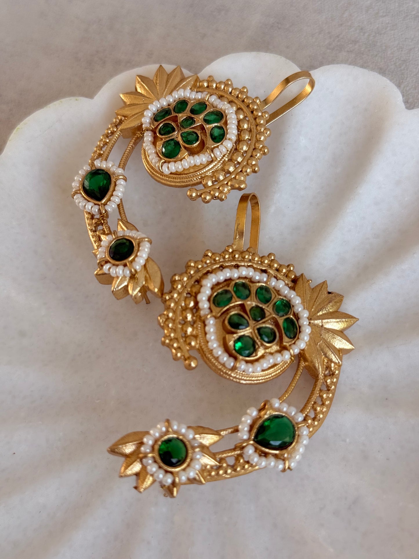 Ayura Designs Raatani Ear Climbers – Emerald Green Ear Climbers with Pearl Detailing & Floral Cutwork Design