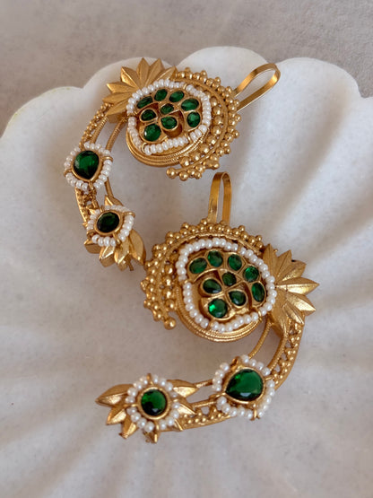 Ayura Designs Raatani Ear Climbers – Emerald Green Ear Climbers with Pearl Detailing & Floral Cutwork Design