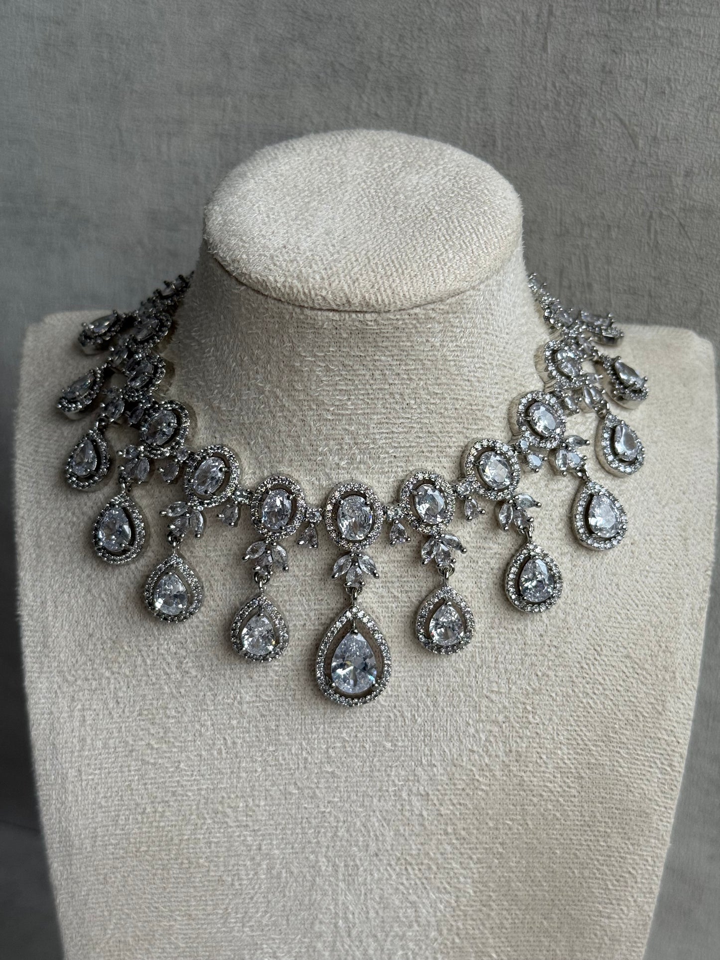 Ayura Designs Grace Set with Necklace & Earrings – Pear-Cut Moissanite Stones, Halo Detailing & Antique Silver Finish