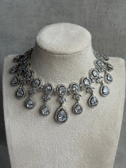 Ayura Designs Grace Set with Necklace & Earrings – Pear-Cut Moissanite Stones, Halo Detailing & Antique Silver Finish