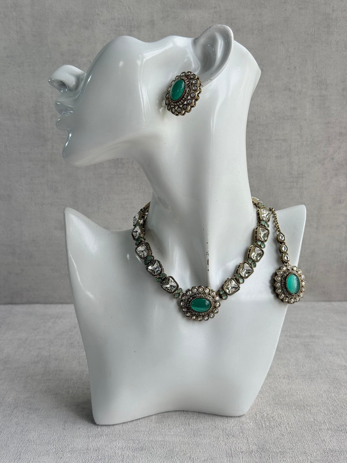 Ayura Designs Inza Necklace Set – Aqua Green Stones, Kundan & Crystals with Antique Gold Finish