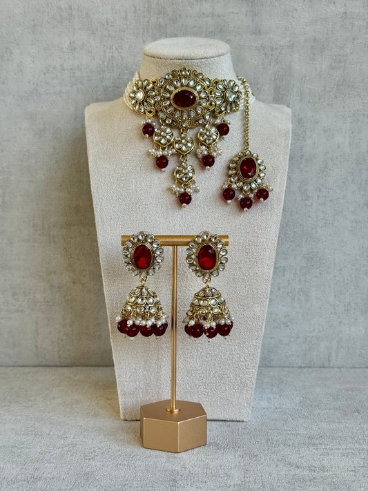 Ayura Designs Ibad Choker Set with Jhumkis & Tikka in Deep Red with Mirror-Cut Kundan, Pearls & Beads