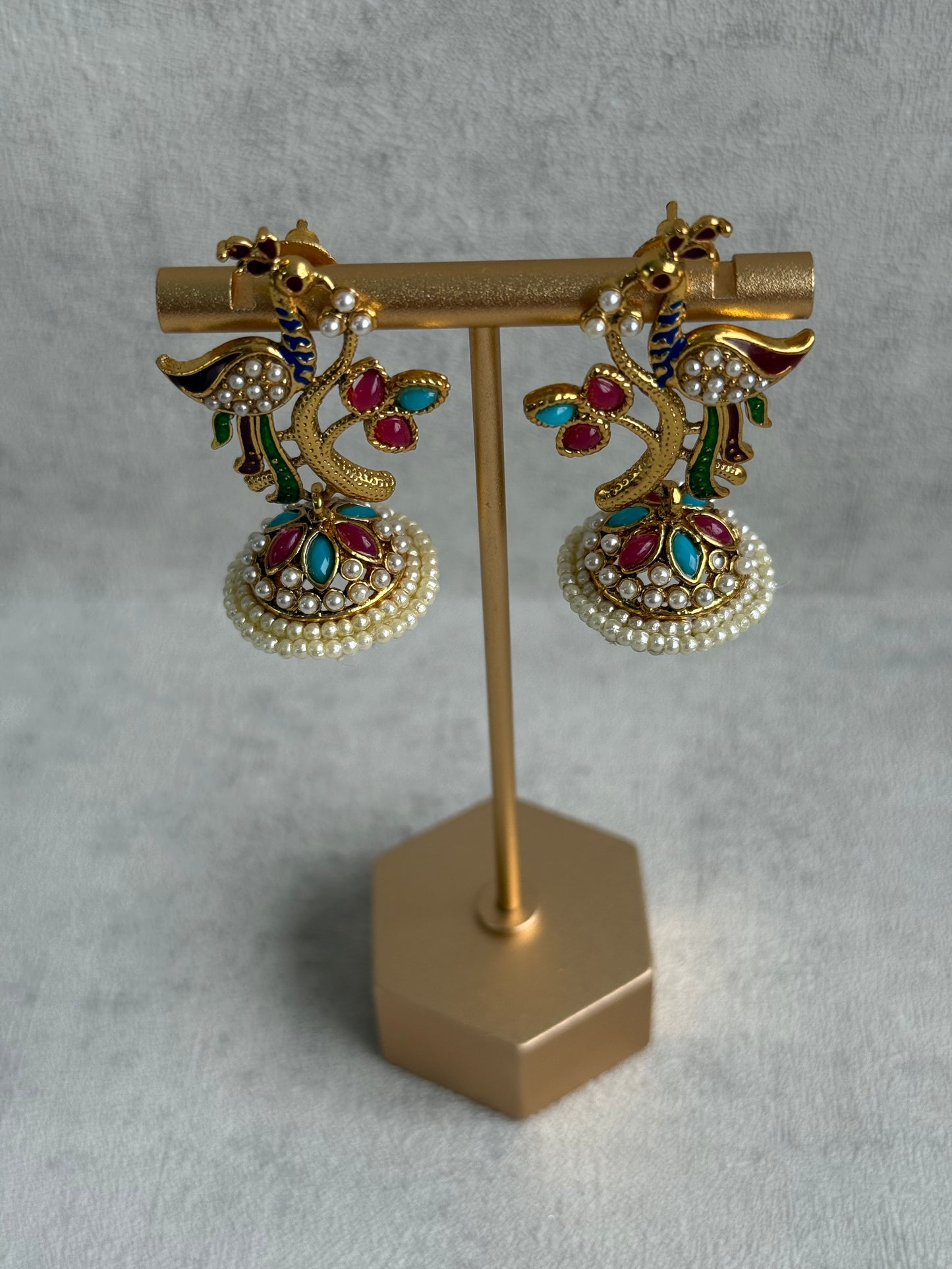 Ayura Designs Mayuri Jhumkis – Gold Peacock Earrings with Multicolour Meenakari & Pearl Detailing