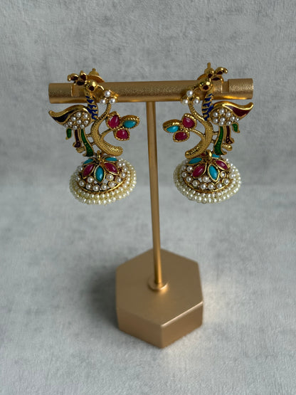 Ayura Designs Mayuri Jhumkis – Gold Peacock Earrings with Multicolour Meenakari & Pearl Detailing