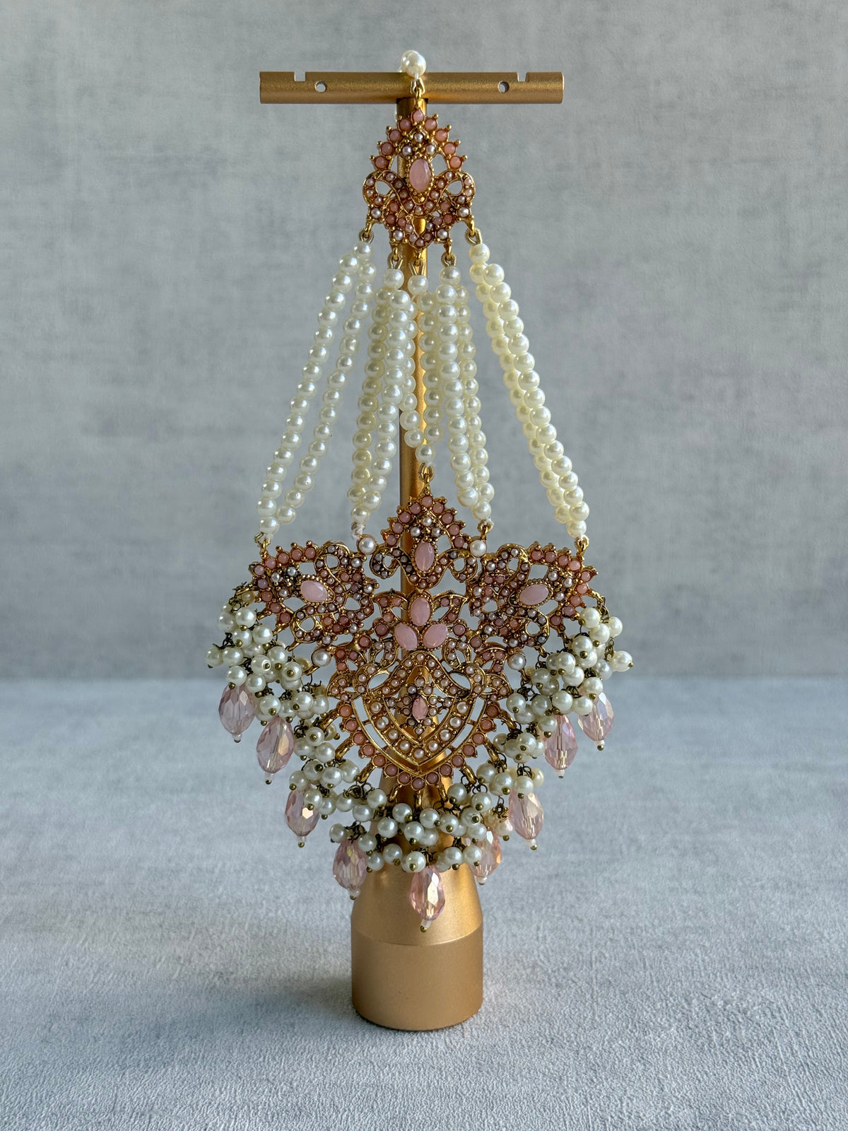 Ayura Designs Zahara Jhoomar Passa – Blush Pink Stones, Ivory Pearls & Gold Finish