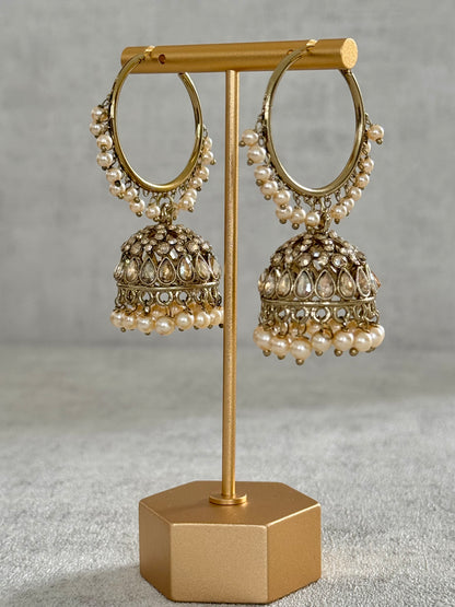 Ayura Designs Jugni Bali Jhumkas – Antique Gold with Ivory Pearl Accents