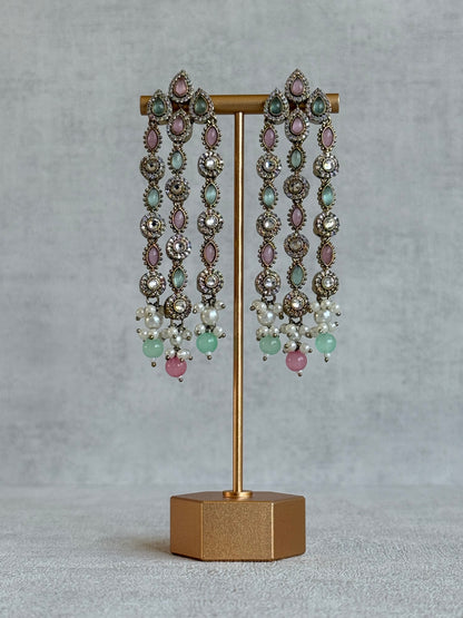 Ayura Designs Emilia Earrings – Gold Triple Strand Statement Earrings with Mint Green & Blush Pink Stones & Pearl Drops