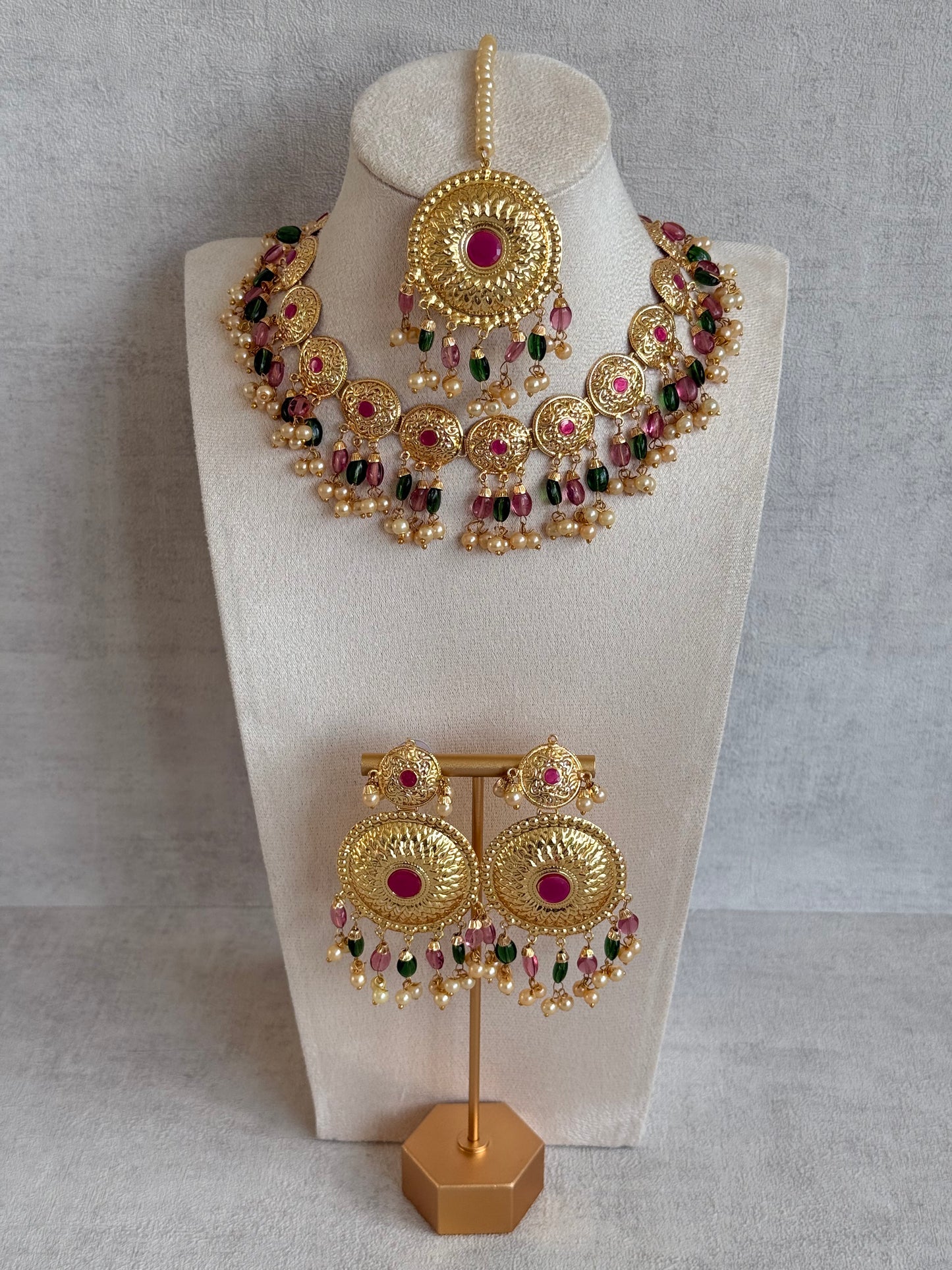Ayura Designs Jyoti Set with Earrings & Tikka – Gold Disc Necklace with Ruby Pink, Emerald Green & Pearl Detailing