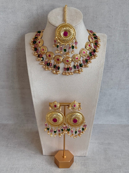 Ayura Designs Jyoti Set with Earrings & Tikka – Gold Disc Necklace with Ruby Pink, Emerald Green & Pearl Detailing