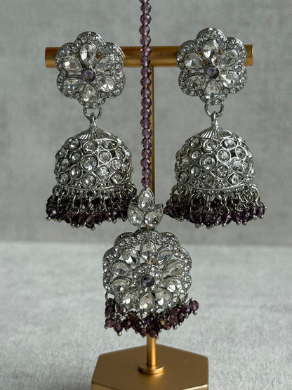 Ayura Designs Zarghuna Set with Jhumkis & Tikka – Mauve Beads, Mirror-Cut Stones & Silver Finish