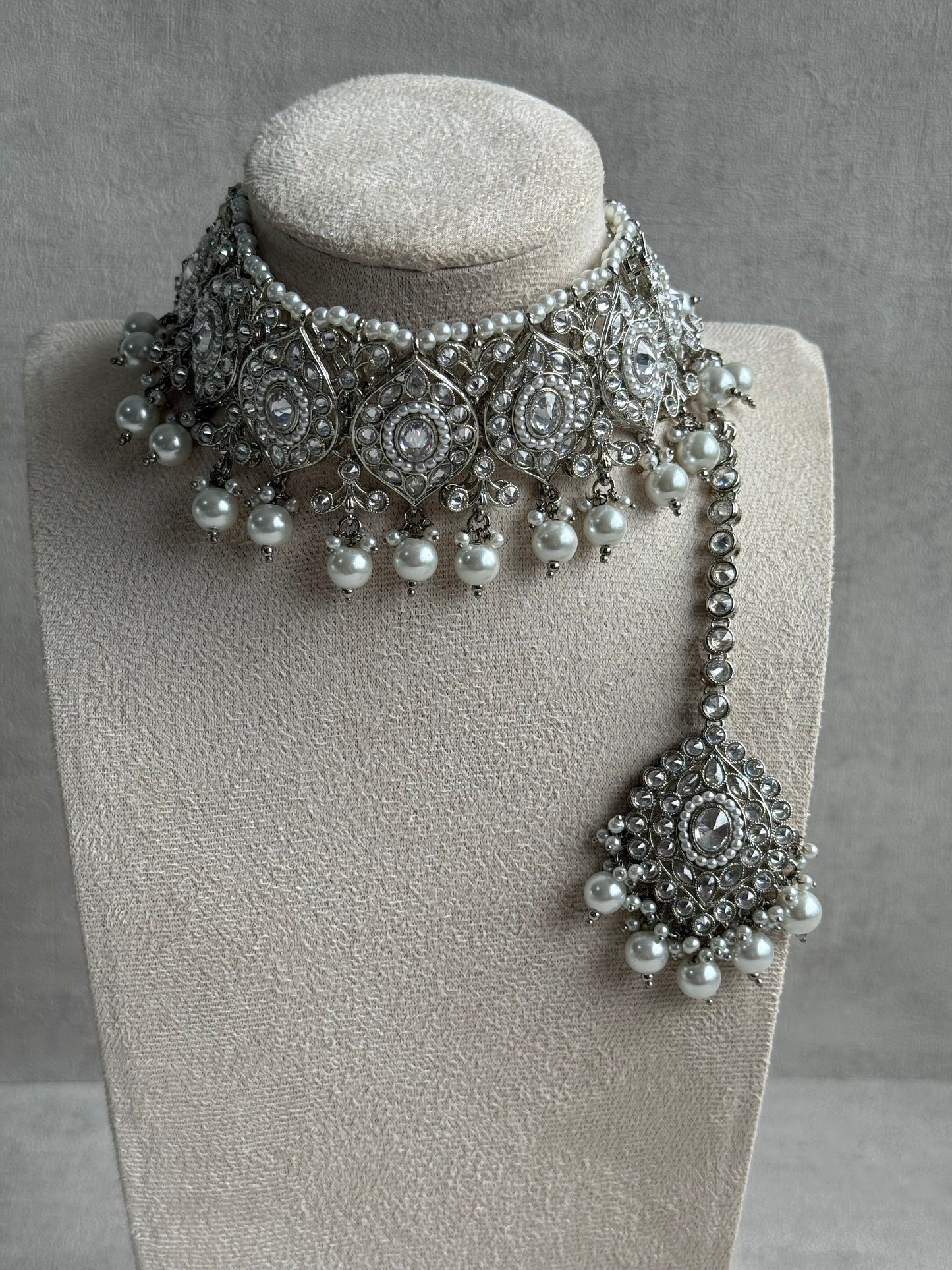 Ayura Designs Palki Set – Choker, Earrings & Tikka with Mirror-Cut Stones, Pearl Detailing & Silver Finish