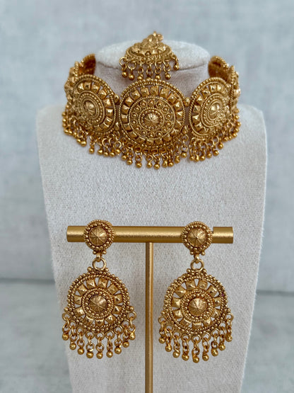 Ayura Designs Nawab Choker Set – Exquisite Antique Gold Choker, Earrings & Tikka