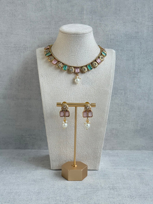 Ayura Designs Padma Necklace Set with Earrings – Blush Pink & Mint Green Stones with Pearl Drop Detailing