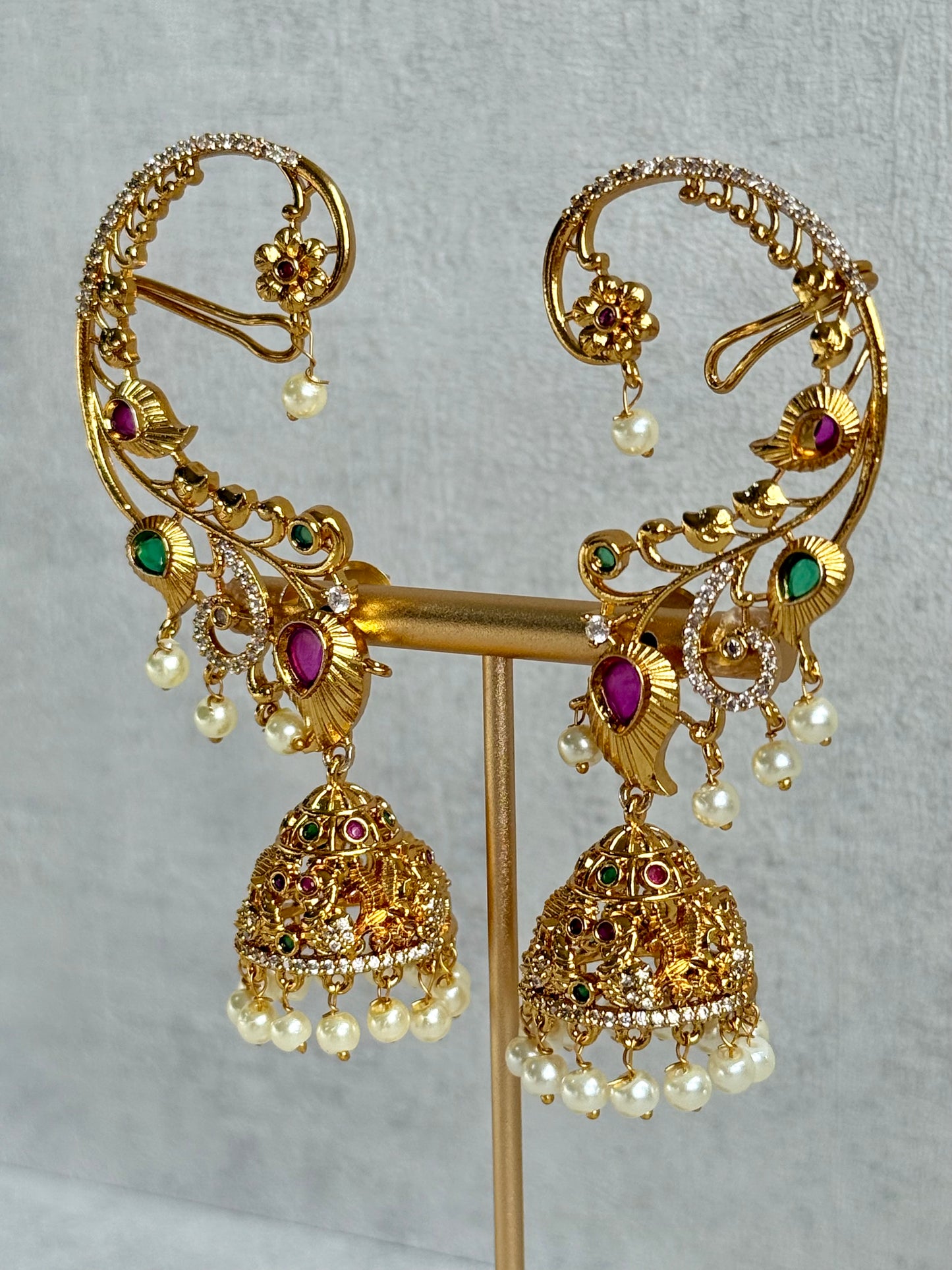 Ayura Designs Nalini Jhumkis – Gold Half Ear Cuffs with Multicolour Stone Accents, Crystal Detailing & Pearl Jhumka Drops