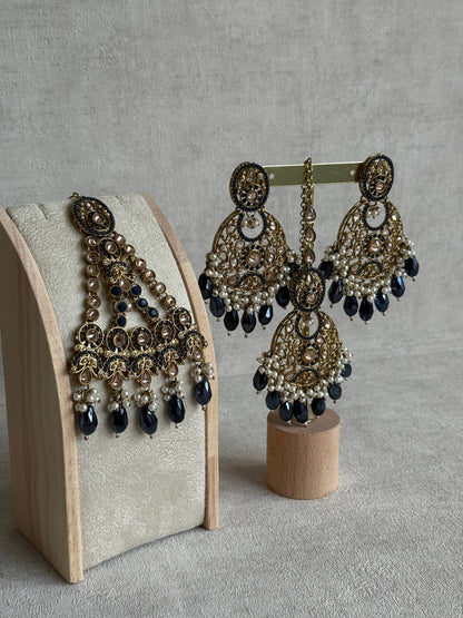 Ayura Designs Almas Tikka Set with Earrings, Tikka & Sahara – Midnight Blue Beads & Antique Gold Finish