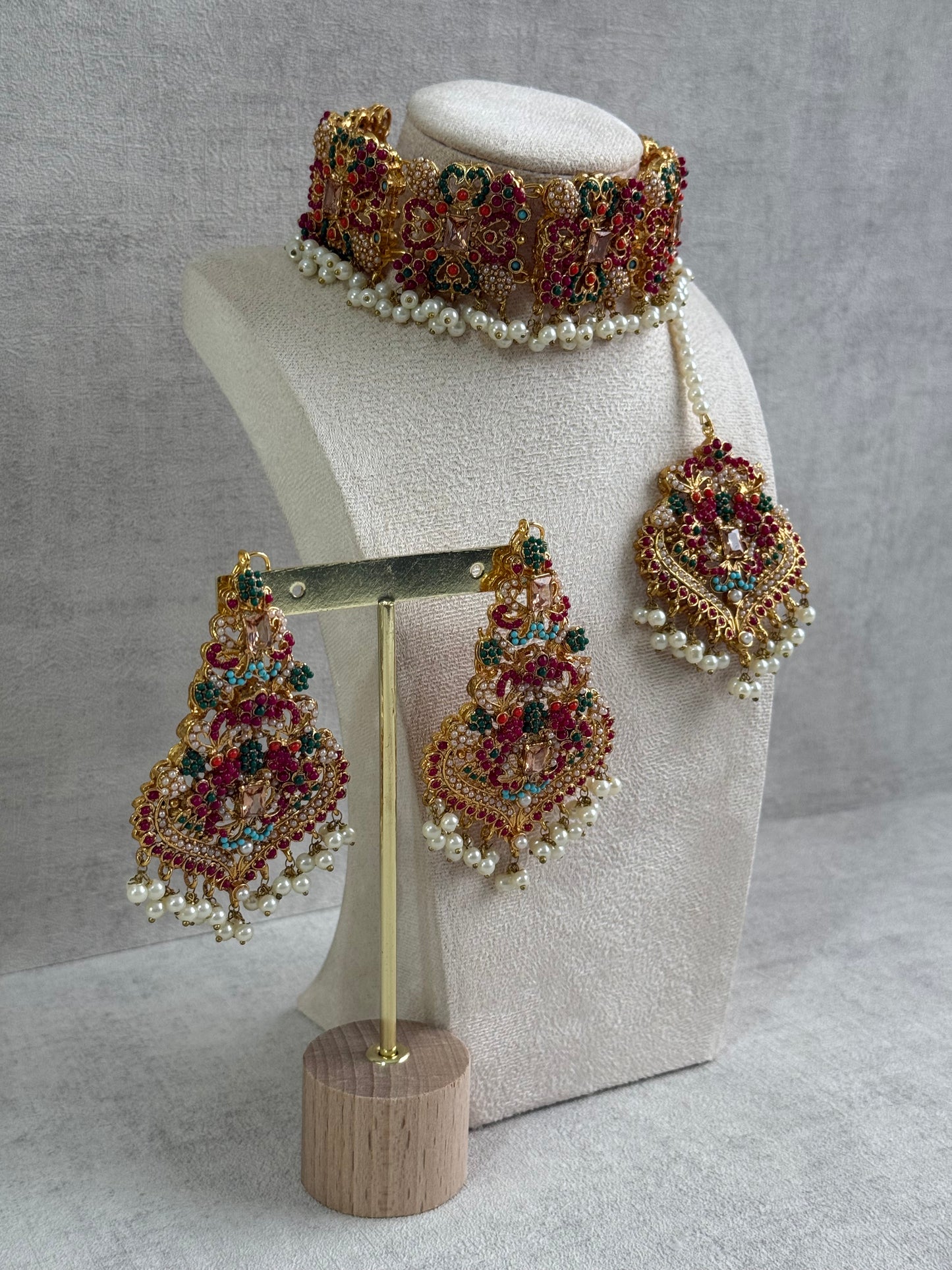 Ayura Designs Mahnoor Navratan Choker Set with Earrings & Tikka – Antique Gold Finish, Multicolour Enamel & Pearl Detailing