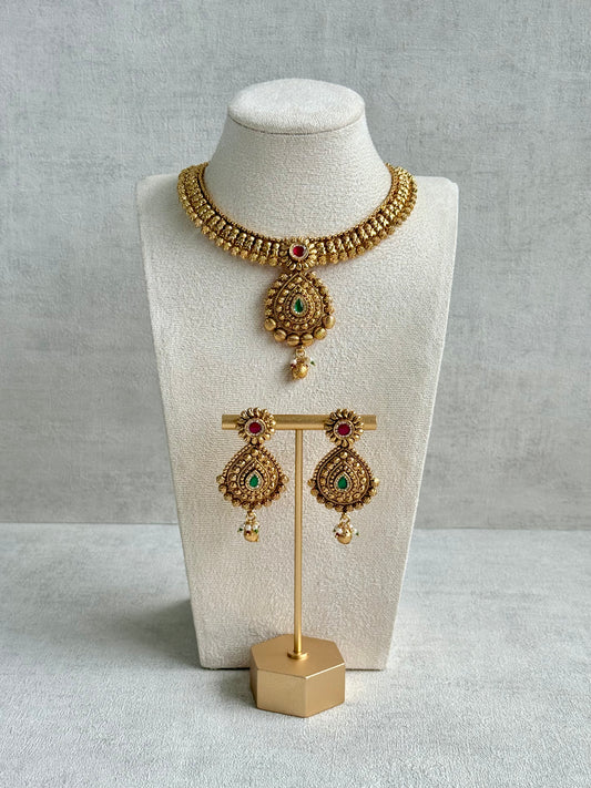 Ayura Designs Ayma Necklace Set with Earrings – Antique Gold Finish with Ruby Pink, Emerald Green & Crystal Detailing