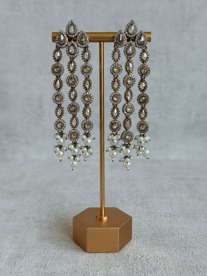 Ayura Designs Emilia Earrings – Gold Triple Strand Statement Earrings with Champagne Stones & Pearl Drops