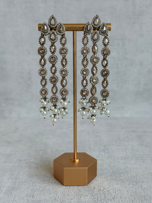 Ayura Designs Emilia Earrings – Gold Triple Strand Statement Earrings with Champagne Stones & Pearl Drops