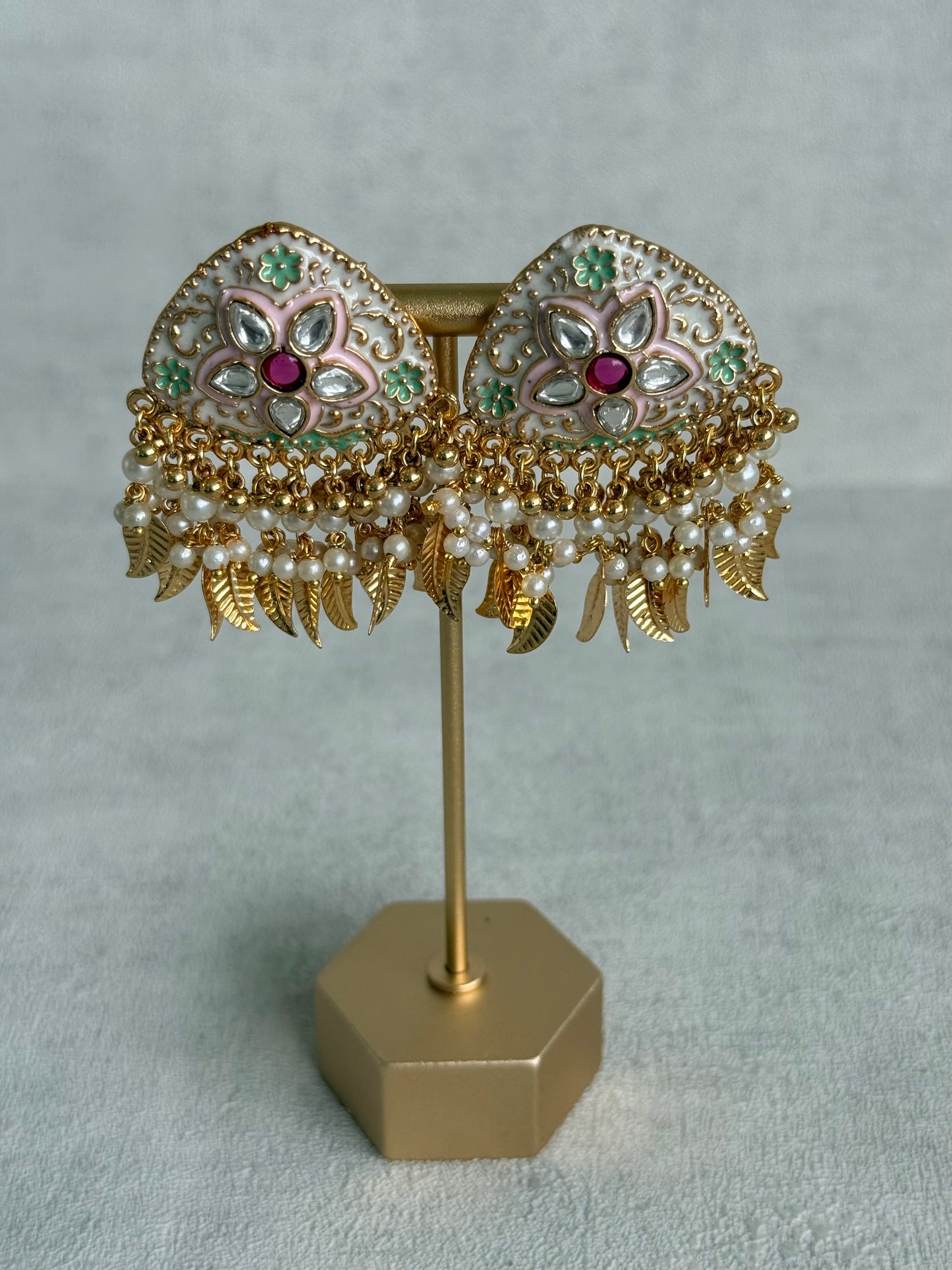 Ayura Designs Rozina Earrings – Floral Meenakari Earrings with Ruby Pink Centre Stone, Pearl Clusters & Gold Leaf Charms