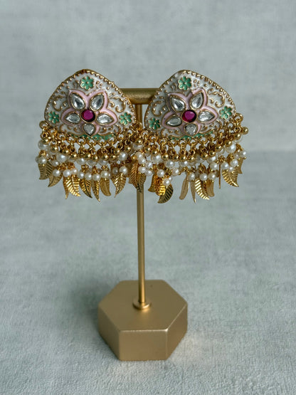 Ayura Designs Rozina Earrings – Floral Meenakari Earrings with Ruby Pink Centre Stone, Pearl Clusters & Gold Leaf Charms