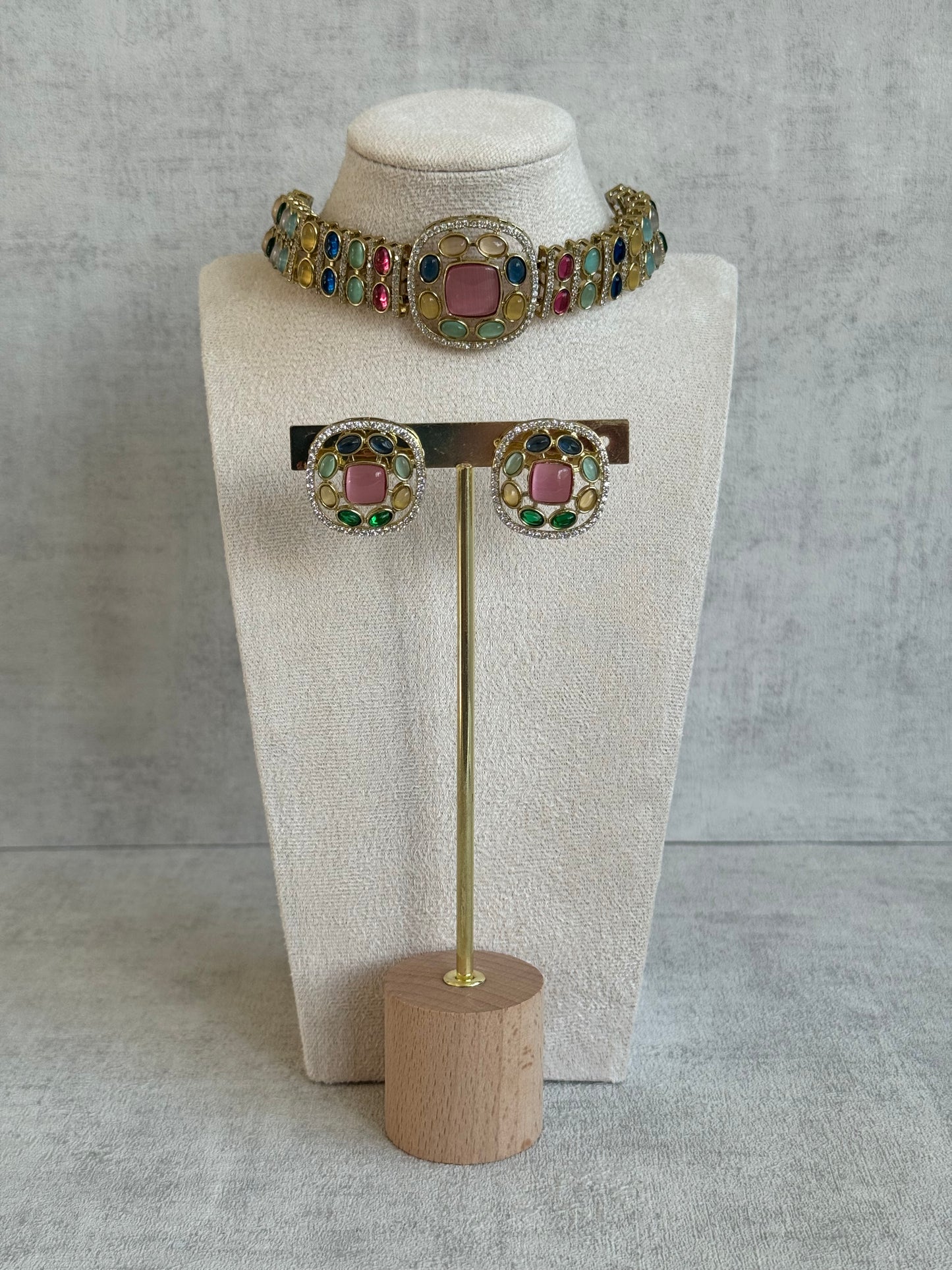 Ayura Designs Kiara Choker Set with Stud Earrings – Multicolour Stones, Moissanite Brilliance & Antique Gold Finish
