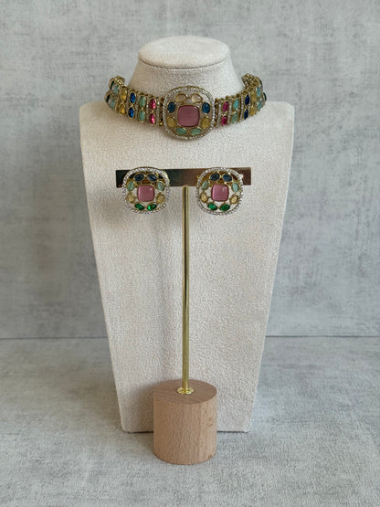 Ayura Designs Kiara Choker Set with Stud Earrings – Multicolour Stones, Moissanite Brilliance & Antique Gold Finish