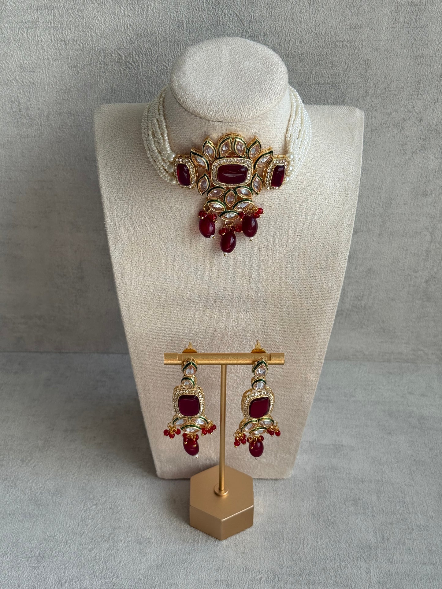 Ayura Designs Raaz Set with Necklace & Earrings – Ruby Red Stones, Kundan Detailing & Antique Gold Finish