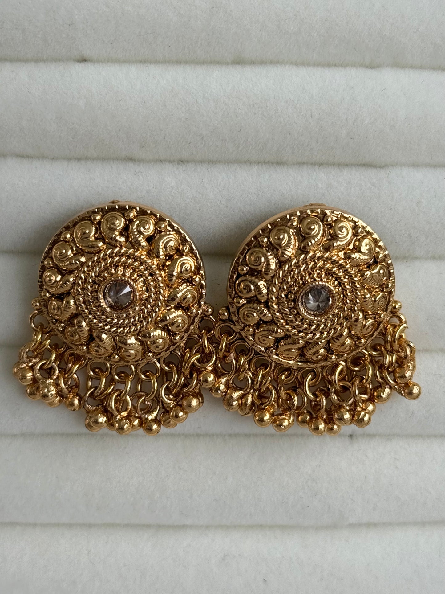 Ayura Designs Deesha Stud Earrings – Gold Finish with Crystal & Ghungroo Detailing