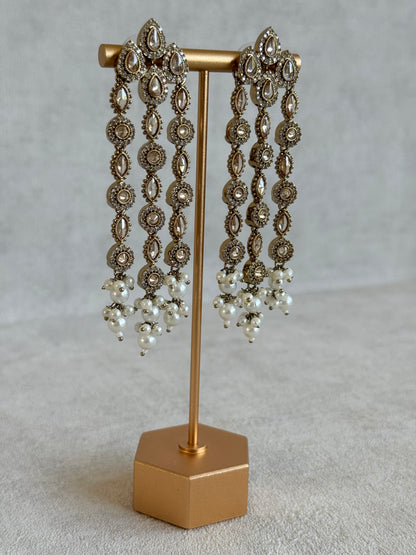 Ayura Designs Emilia Earrings – Gold Triple Strand Statement Earrings with Champagne Stones & Pearl Drops