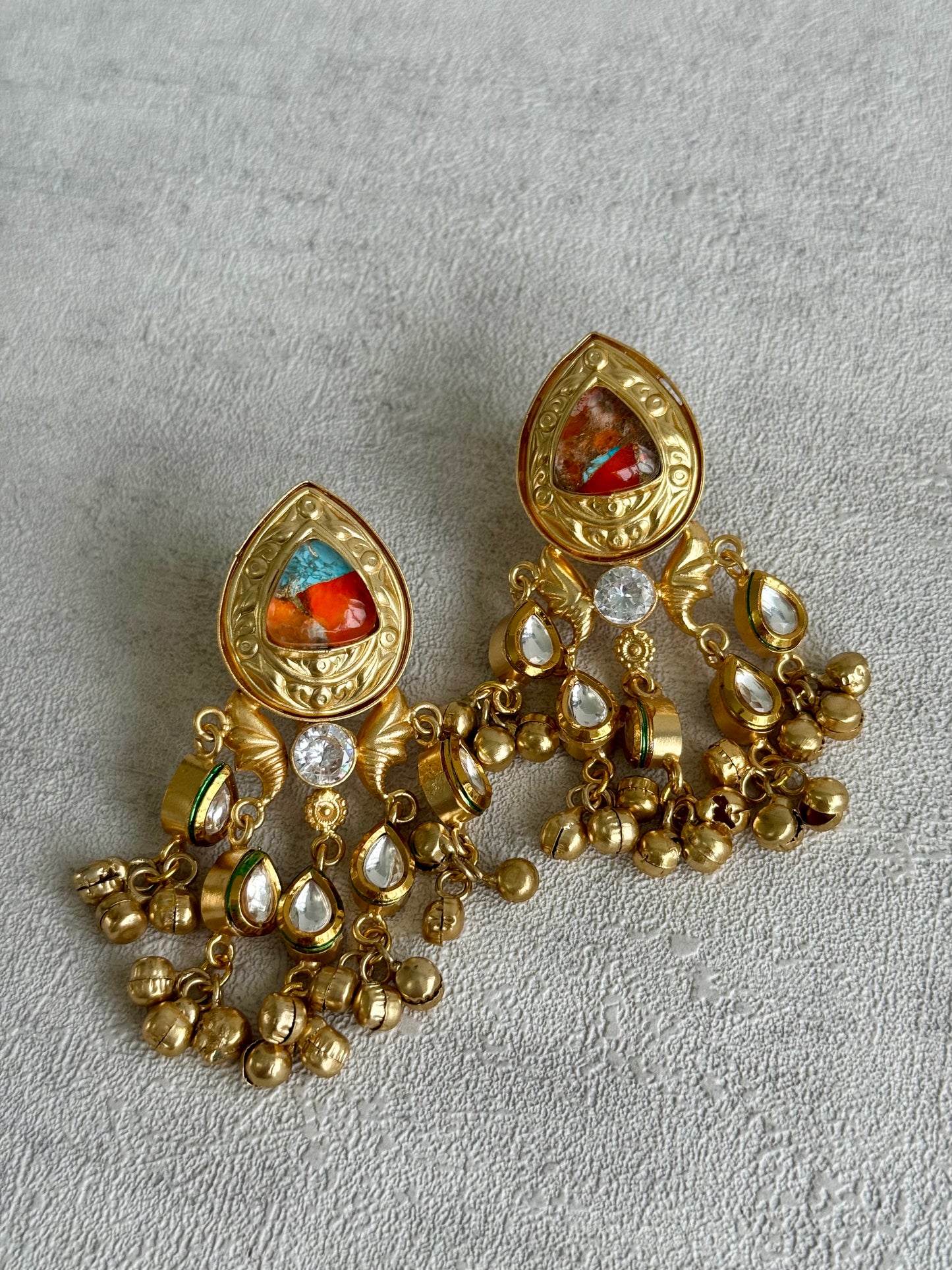 Ayura Designs Arheer Earrings – Orange & Turquoise Marble with Kundan Detailing & Antique Gold Ghungroos