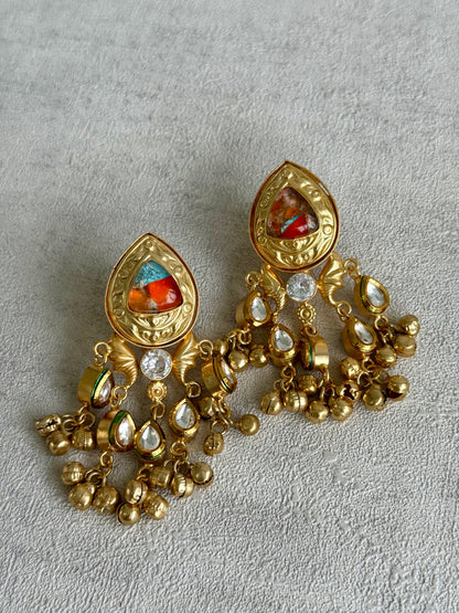 Ayura Designs Arheer Earrings – Orange & Turquoise Marble with Kundan Detailing & Antique Gold Ghungroos